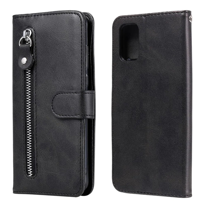 Zipper Pocket Leather Wallet Stand Case for Samsung Galaxy S20 FE 4G/5G/2022/S20 Lite - Black - 1