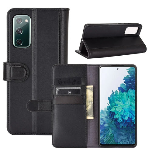 For Samsung Galaxy S20 FE 4G / 5G / 2022 / S20 Lite Phone Cases Genuine Split Leather Wallet Mobile Cover Stand - Black - 1