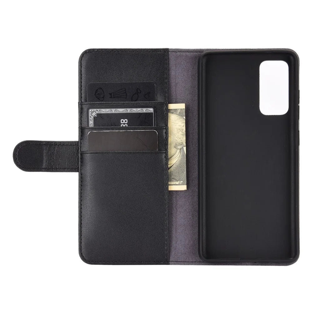 For Samsung Galaxy S20 FE 4G / 5G / 2022 / S20 Lite Phone Cases Genuine Split Leather Wallet Mobile Cover Stand - Black - 6