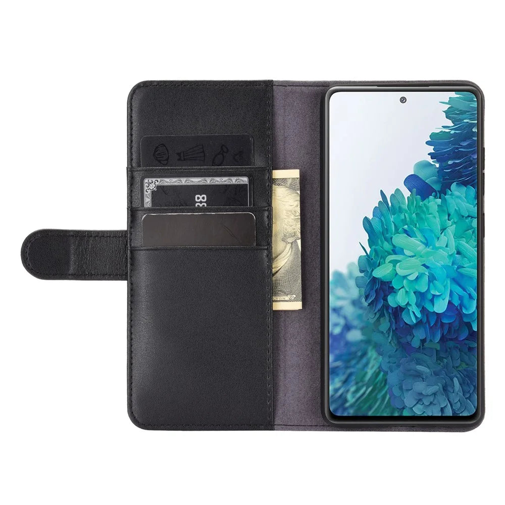 For Samsung Galaxy S20 FE 4G / 5G / 2022 / S20 Lite Phone Cases Genuine Split Leather Wallet Mobile Cover Stand - Black - 7