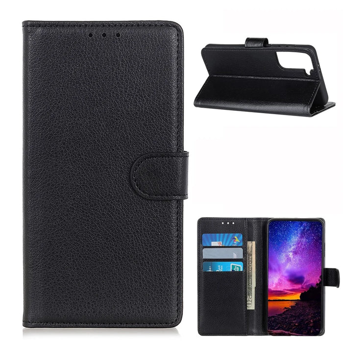 Soft TPU Edge + Litchi Texture PU Leather Phone Protective Case for Samsung Galaxy S21 5G/S21 4G - Black - 1