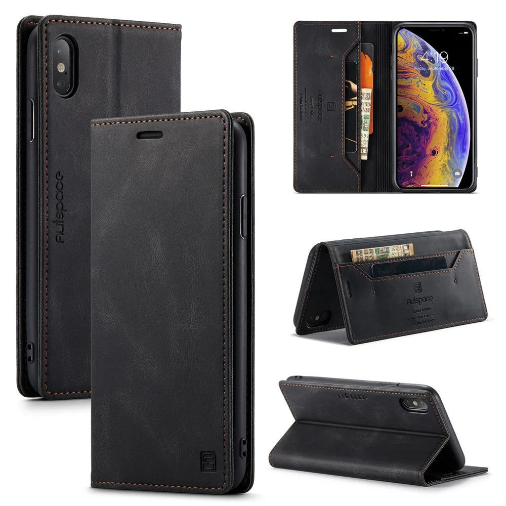 AUTSPACE A01 Series RFID Blocking Retro Matte Wallet Leather Case for iPhone XS Max 6.5 inch - Black - 1