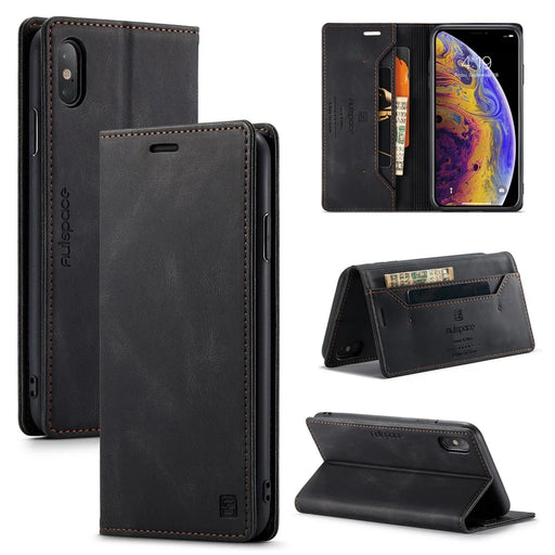 AUTSPACE A01 Series RFID Blocking Retro Matte Wallet Leather Case for iPhone XS Max 6.5 inch - Black - 1