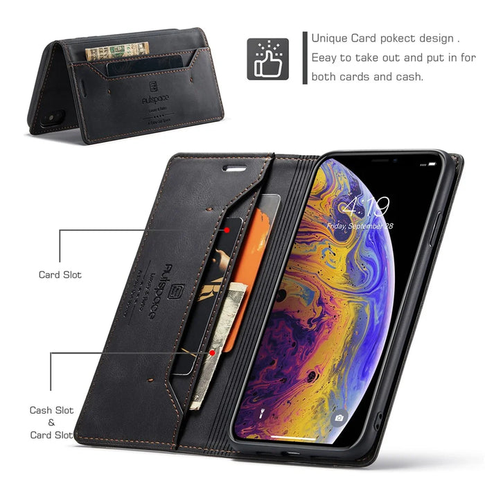 AUTSPACE A01 Series RFID Blocking Retro Matte Wallet Leather Case for iPhone XS Max 6.5 inch - Black - 2