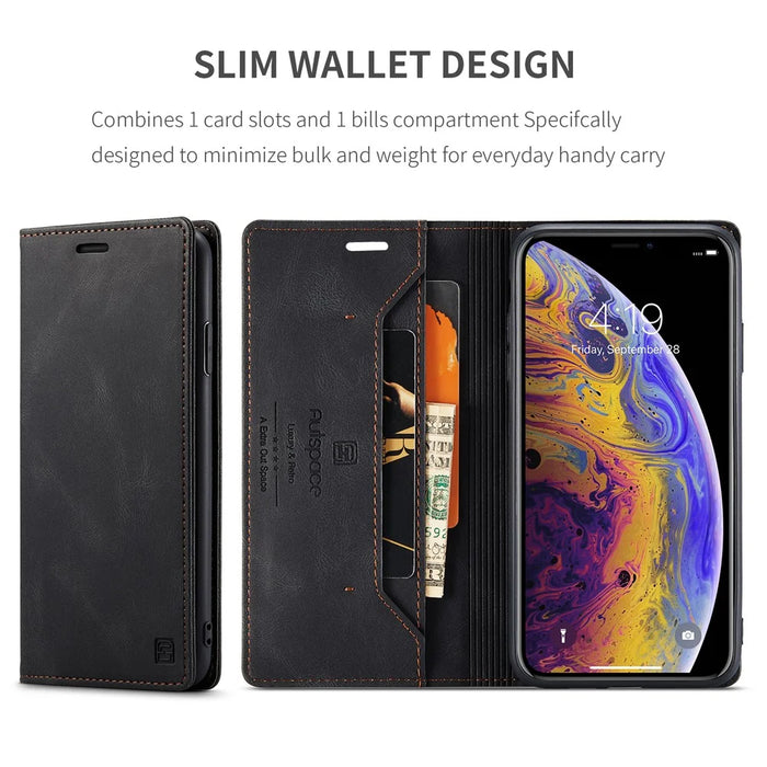 AUTSPACE A01 Series RFID Blocking Retro Matte Wallet Leather Case for iPhone XS Max 6.5 inch - Black - 6
