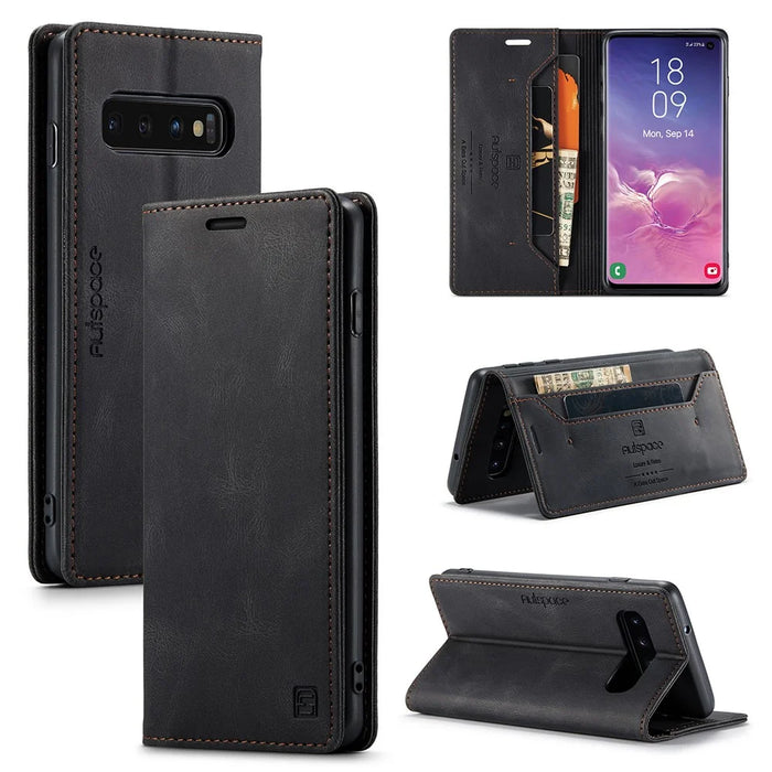 AUTSPACE A01 Series RFID Blocking Retro Matte Leather Case Wallet for Samsung Galaxy S10 - Black - 1