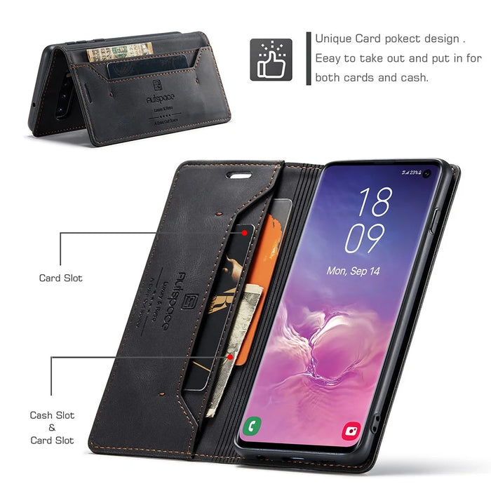 AUTSPACE A01 Series RFID Blocking Retro Matte Leather Case Wallet for Samsung Galaxy S10 - Black - 2