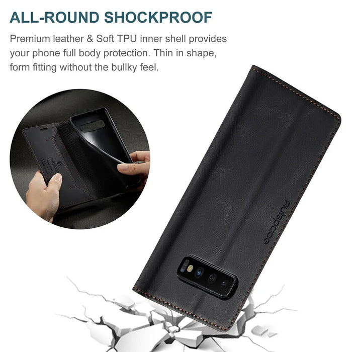 AUTSPACE A01 Series RFID Blocking Retro Matte Leather Case Wallet for Samsung Galaxy S10 - Black - 4