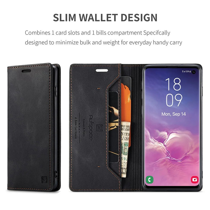 AUTSPACE A01 Series RFID Blocking Retro Matte Leather Case Wallet for Samsung Galaxy S10 - Black - 6