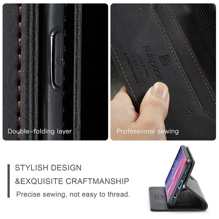 AUTSPACE A01 Series RFID Blocking Retro Matte Leather Case Wallet for Samsung Galaxy S10 - Black - 7