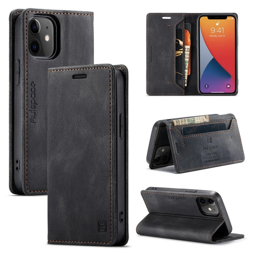 AUTSPACE A01 Series RFID Protection Retro Matte Wallet Leather Shell for iPhone 12 mini 5.4 inch - Black - 1