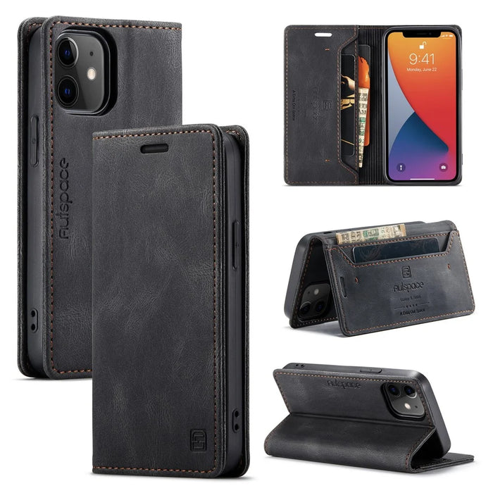 AUTSPACE A01 Series RFID Protection Retro Matte Wallet Leather Shell for iPhone 12 mini 5.4 inch - Black - 1