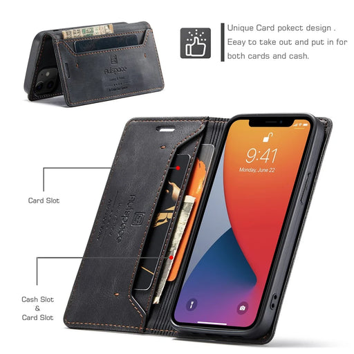 AUTSPACE A01 Series RFID Protection Retro Matte Wallet Leather Shell for iPhone 12 mini 5.4 inch - Black - 2