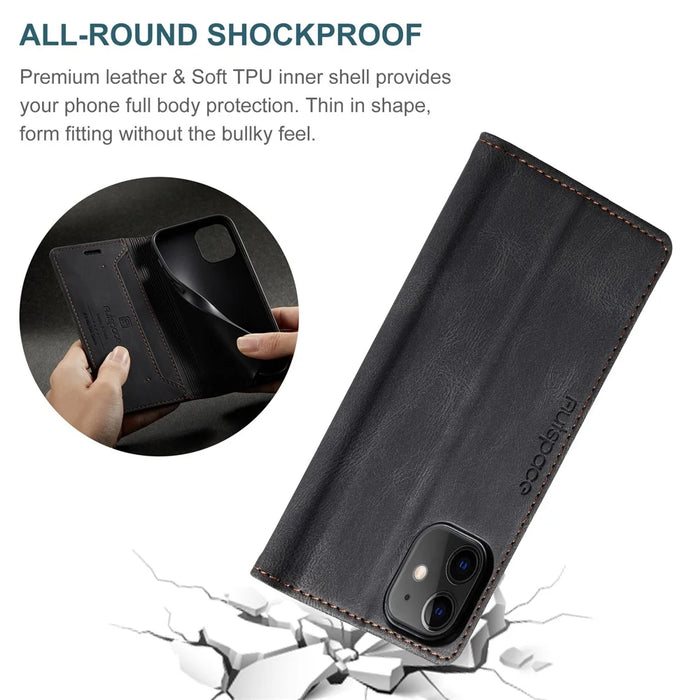 AUTSPACE A01 Series RFID Protection Retro Matte Wallet Leather Shell for iPhone 12 mini 5.4 inch - Black - 4
