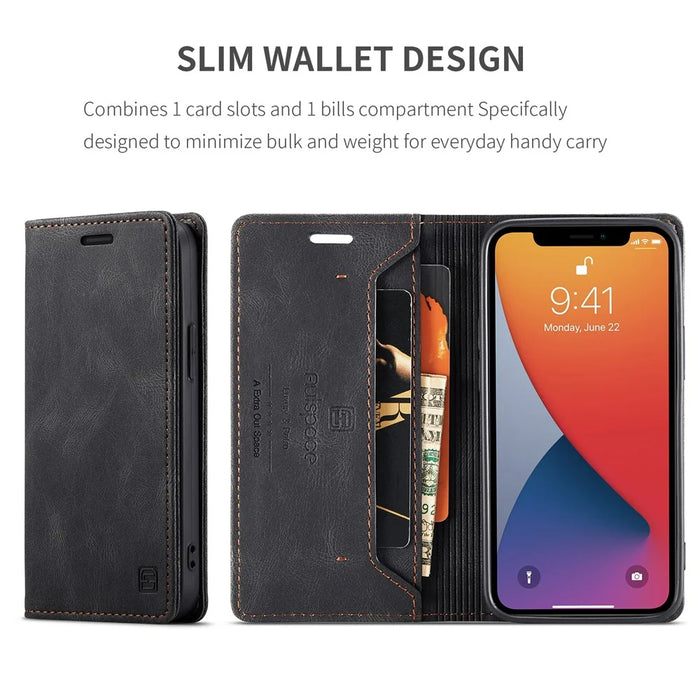 AUTSPACE A01 Series RFID Protection Retro Matte Wallet Leather Shell for iPhone 12 mini 5.4 inch - Black - 6
