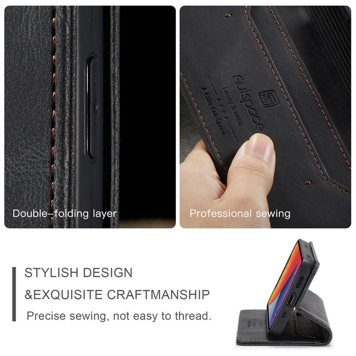 AUTSPACE A01 Series RFID Protection Retro Matte Wallet Leather Shell for iPhone 12 mini 5.4 inch - Black - 7