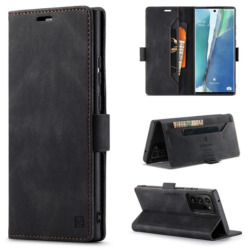 AUTSPACE A01 Series RFID Blocking Retro Matte Leather Wallet Cover for Samsung Galaxy Note20 Ultra/Note20 Ultra 5G - Black - 1
