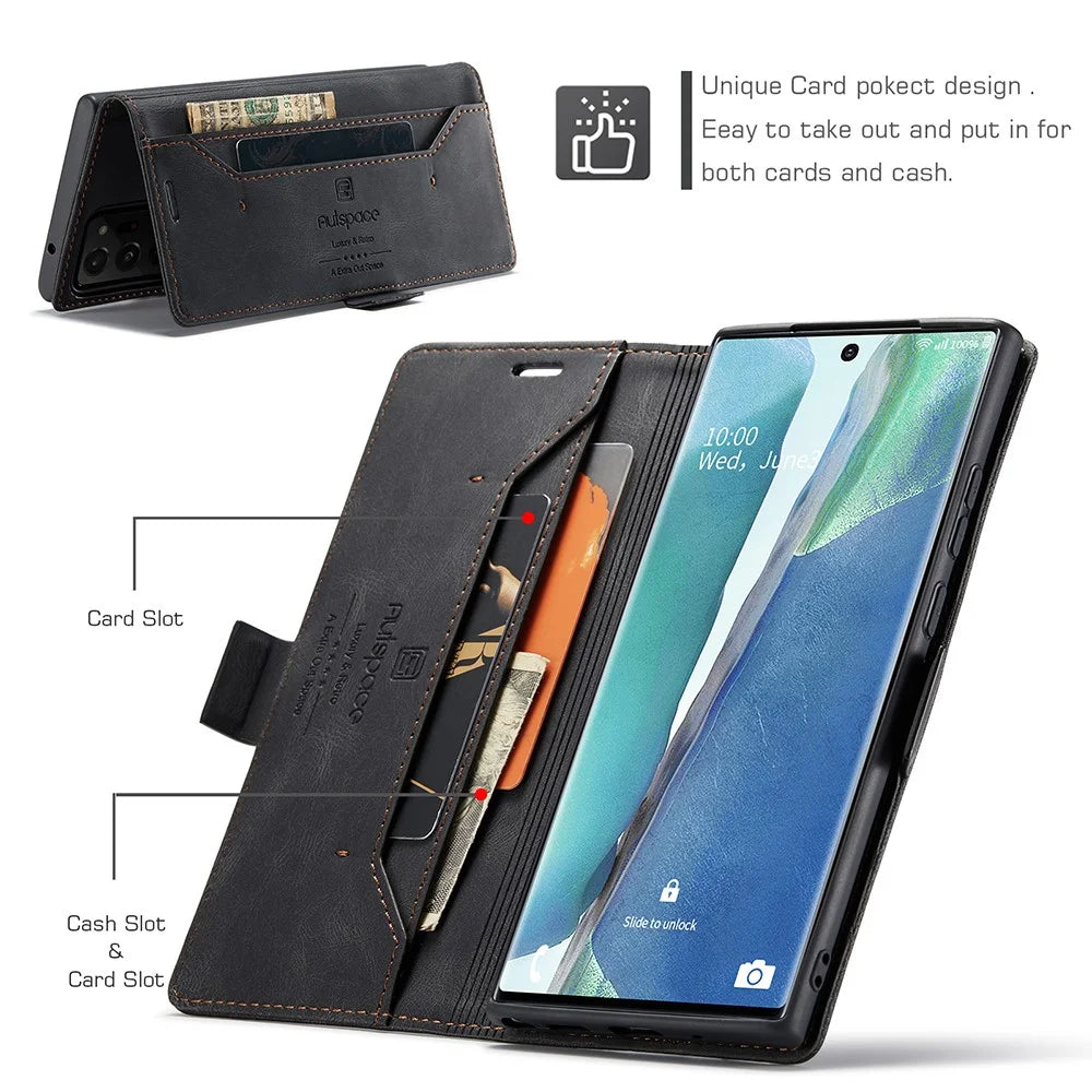 AUTSPACE A01 Series RFID Blocking Retro Matte Leather Wallet Cover for Samsung Galaxy Note20 Ultra/Note20 Ultra 5G - Black - 2