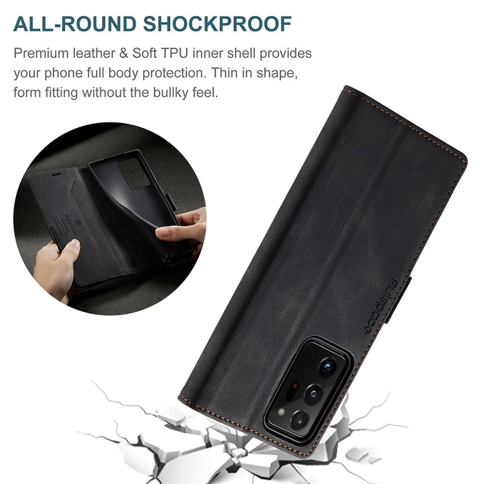 AUTSPACE A01 Series RFID Blocking Retro Matte Leather Wallet Cover for Samsung Galaxy Note20 Ultra/Note20 Ultra 5G - Black - 4