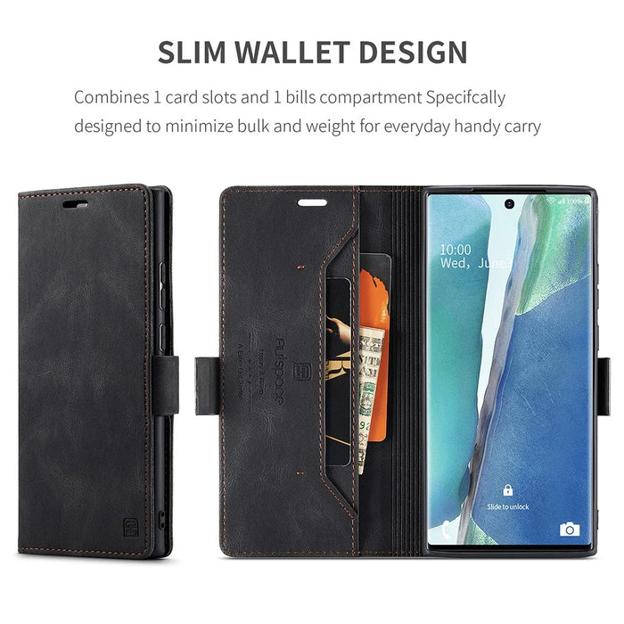 AUTSPACE A01 Series RFID Blocking Retro Matte Leather Wallet Cover for Samsung Galaxy Note20 Ultra/Note20 Ultra 5G - Black - 6