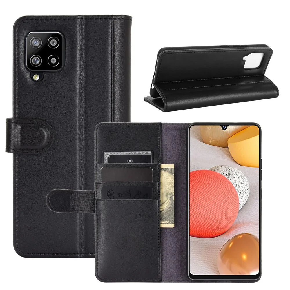 For Samsung Galaxy A42 5G Phone Cases Genuine Split Leather Wallet Mobile Cover Stand - Black - 1