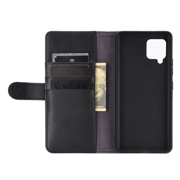 For Samsung Galaxy A42 5G Phone Cases Genuine Split Leather Wallet Mobile Cover Stand - Black - 5