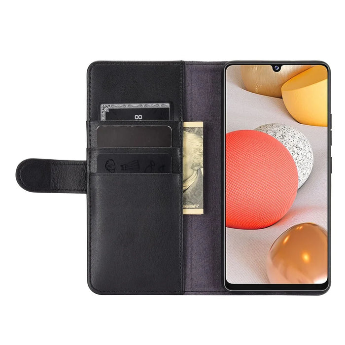 For Samsung Galaxy A42 5G Phone Cases Genuine Split Leather Wallet Mobile Cover Stand - Black - 6