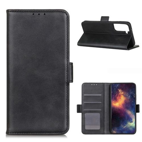 Side Absorption Protective Leather Case Shell with Wallet Stand for Samsung Galaxy S21 5G/S21 4G - Black - 1