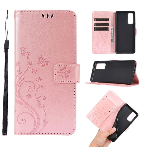 For Samsung Galaxy S20 FE 4G/5G/S20 Lite/S20 FE 2022 Butterfly Flower Imprinting Leather Wallet Case - Rose Gold - 1