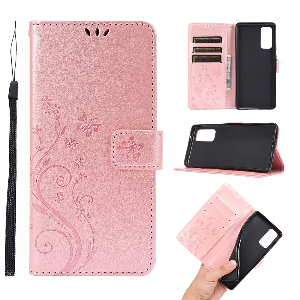 For Samsung Galaxy S20 FE 4G/5G/S20 Lite/S20 FE 2022 Butterfly Flower Imprinting Leather Wallet Case - Rose Gold - 1