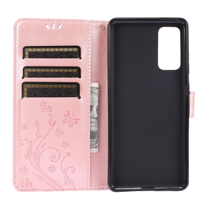 For Samsung Galaxy S20 FE 4G/5G/S20 Lite/S20 FE 2022 Butterfly Flower Imprinting Leather Wallet Case - Rose Gold - 6