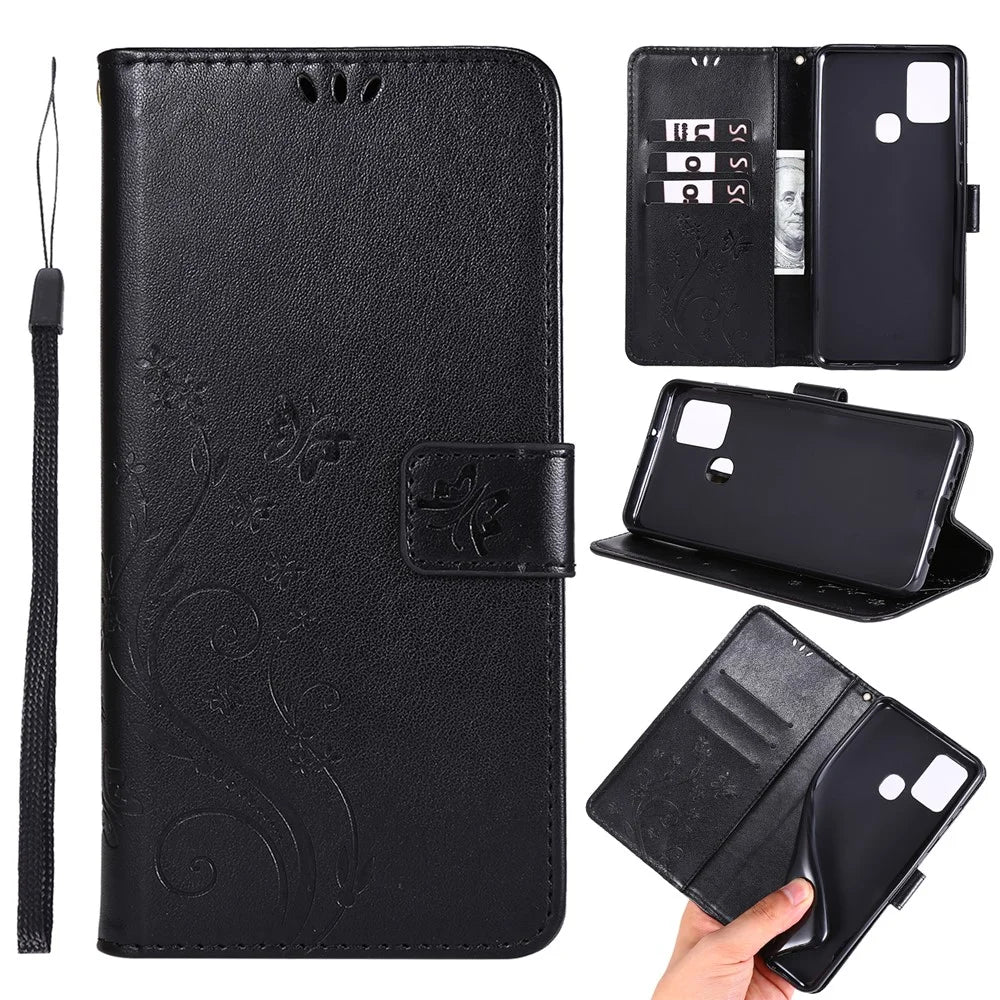 Butterfly Flower Imprinting Leather Phone Case with Wallet Stand for Samsung Galaxy A21s - Black - 1