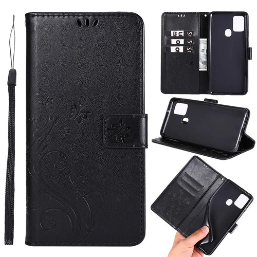 Butterfly Flower Imprinting Leather Phone Case with Wallet Stand for Samsung Galaxy A21s - Black - 1