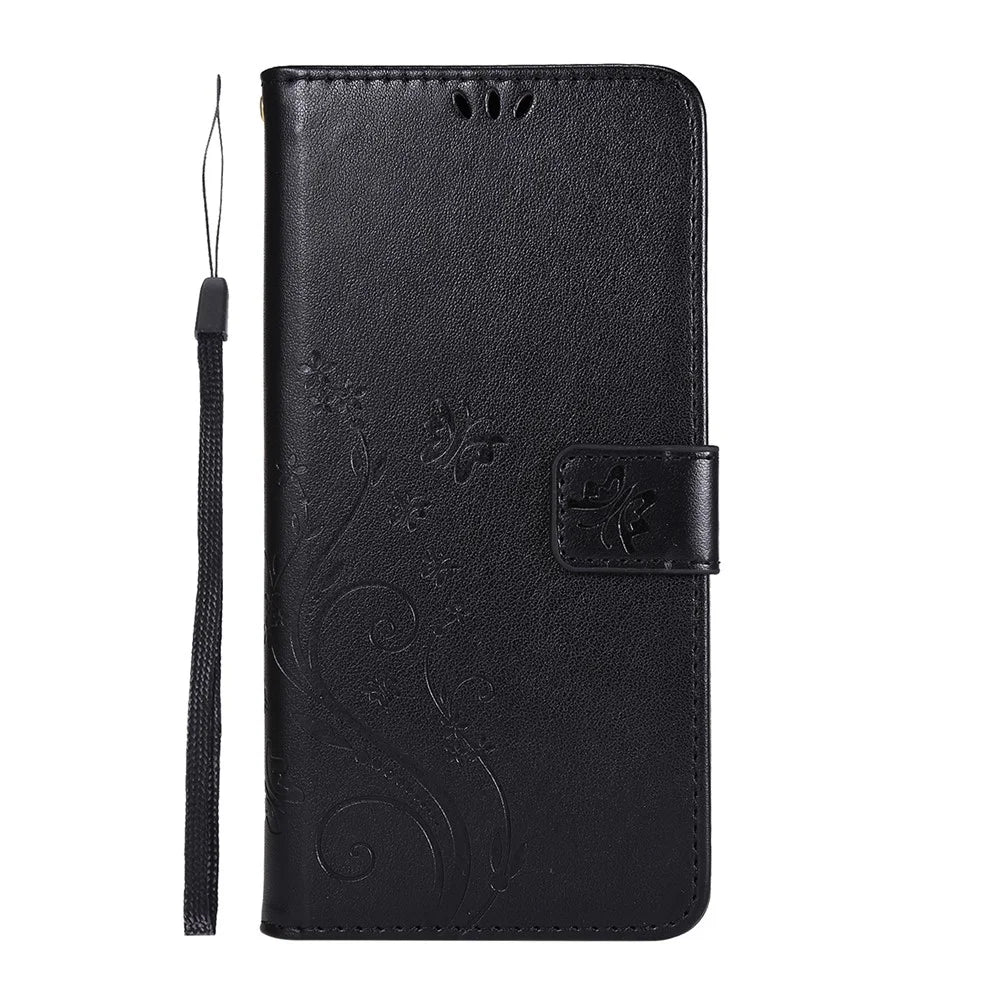 Butterfly Flower Imprinting Leather Phone Case with Wallet Stand for Samsung Galaxy A21s - Black - 2