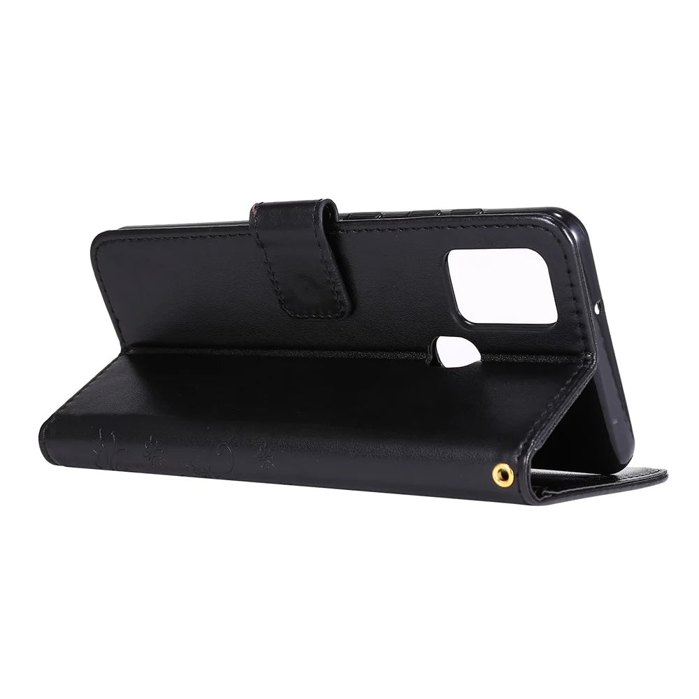 Butterfly Flower Imprinting Leather Phone Case with Wallet Stand for Samsung Galaxy A21s - Black - 5