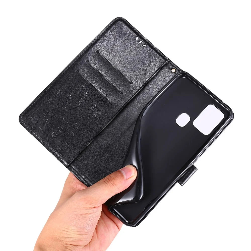 Butterfly Flower Imprinting Leather Phone Case with Wallet Stand for Samsung Galaxy A21s - Black - 6