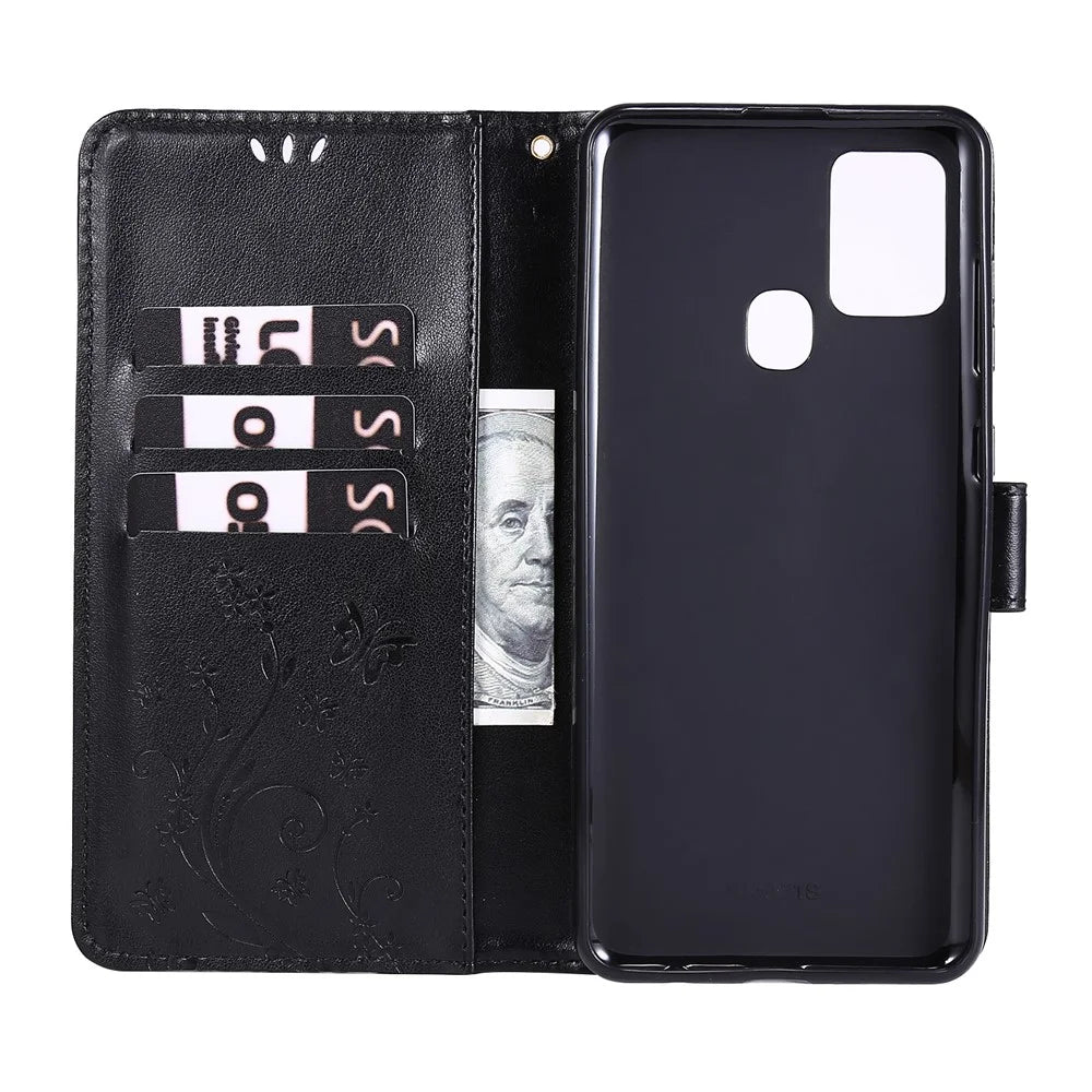Butterfly Flower Imprinting Leather Phone Case with Wallet Stand for Samsung Galaxy A21s - Black - 7
