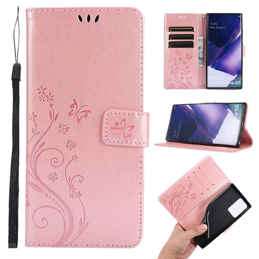 Butterfly Flower Imprinting TPU + PU Leather Wallet Stand Cover Case for Samsung Galaxy Note20 Ultra/Note20 Ultra 5G - Rose Gold - 1