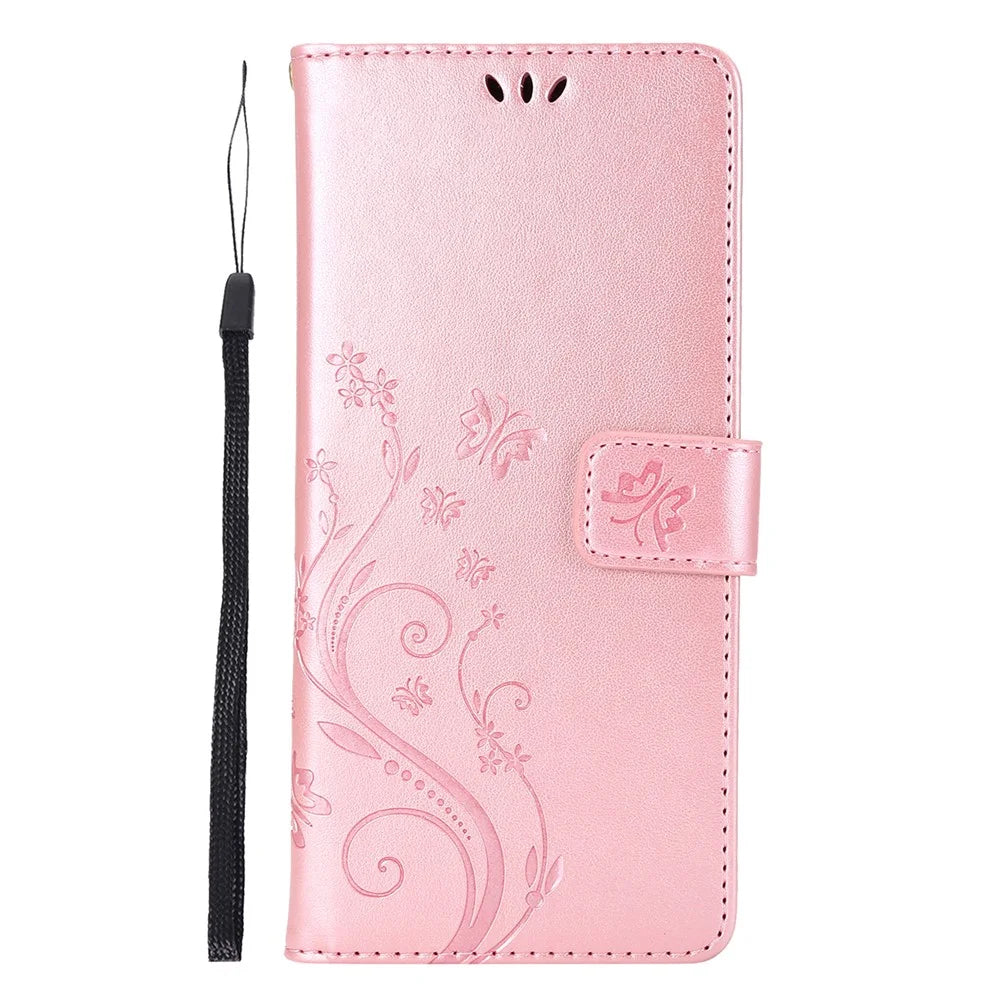 Butterfly Flower Imprinting TPU + PU Leather Wallet Stand Cover Case for Samsung Galaxy Note20 Ultra/Note20 Ultra 5G - Rose Gold - 2
