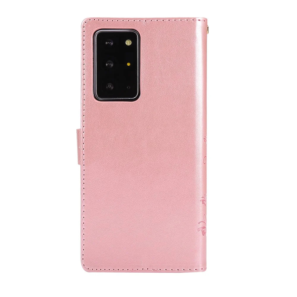 Butterfly Flower Imprinting TPU + PU Leather Wallet Stand Cover Case for Samsung Galaxy Note20 Ultra/Note20 Ultra 5G - Rose Gold - 3