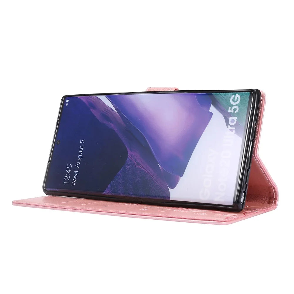 Butterfly Flower Imprinting TPU + PU Leather Wallet Stand Cover Case for Samsung Galaxy Note20 Ultra/Note20 Ultra 5G - Rose Gold - 4