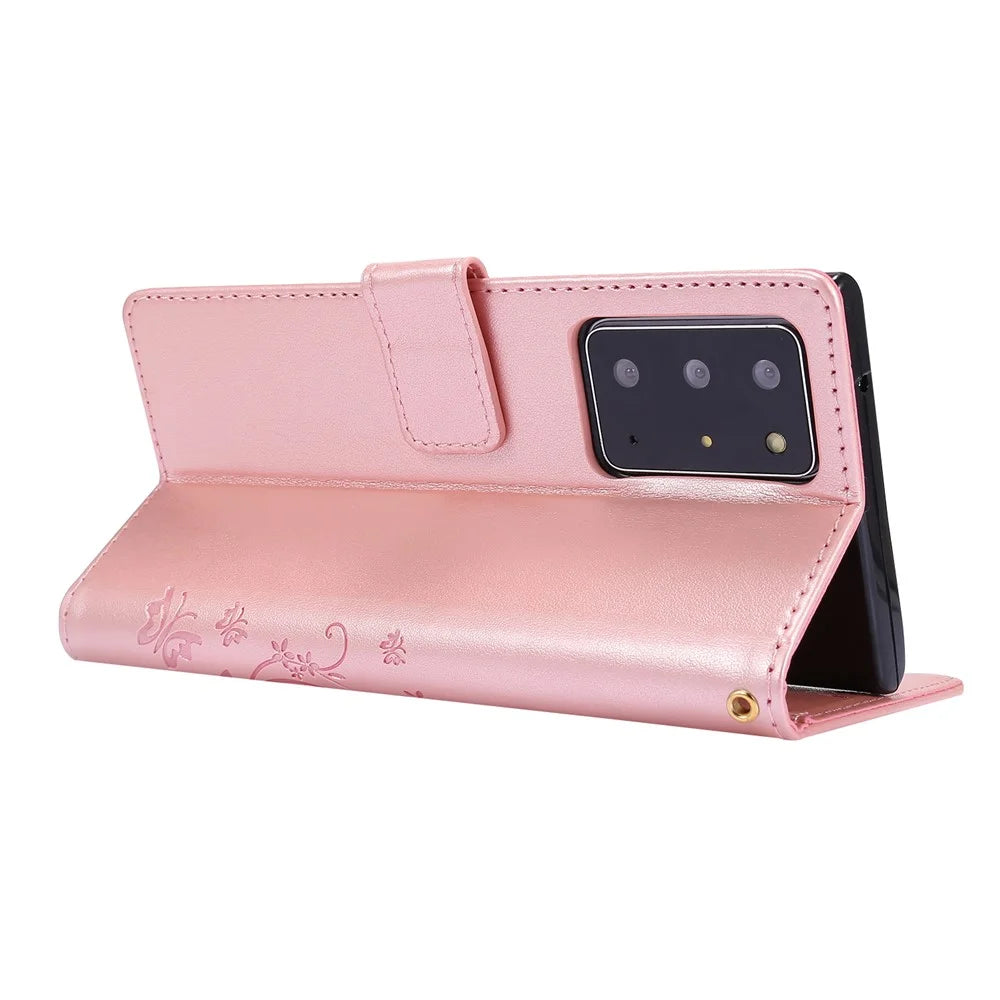 Butterfly Flower Imprinting TPU + PU Leather Wallet Stand Cover Case for Samsung Galaxy Note20 Ultra/Note20 Ultra 5G - Rose Gold - 5