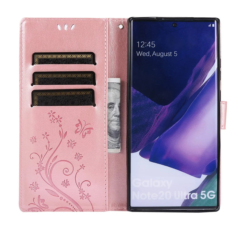 Butterfly Flower Imprinting TPU + PU Leather Wallet Stand Cover Case for Samsung Galaxy Note20 Ultra/Note20 Ultra 5G - Rose Gold - 6