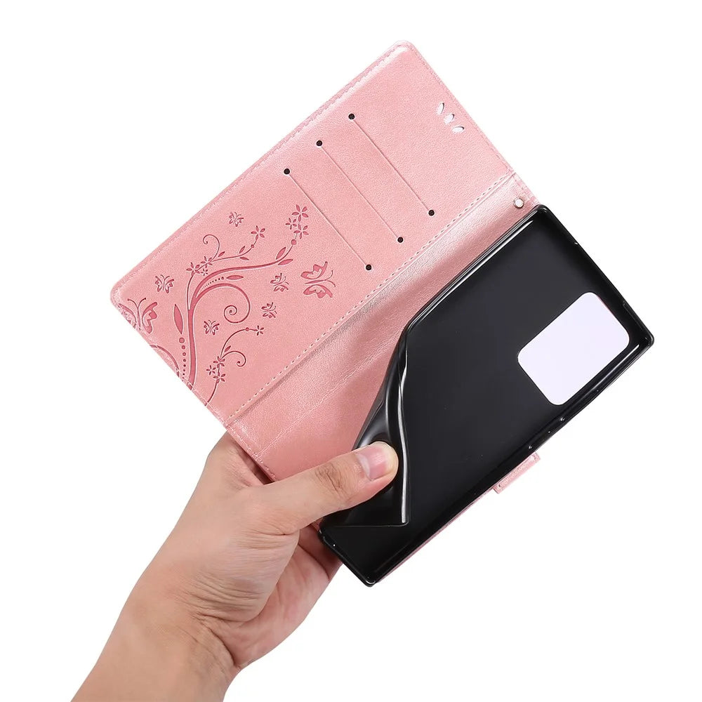 Butterfly Flower Imprinting TPU + PU Leather Wallet Stand Cover Case for Samsung Galaxy Note20 Ultra/Note20 Ultra 5G - Rose Gold - 7