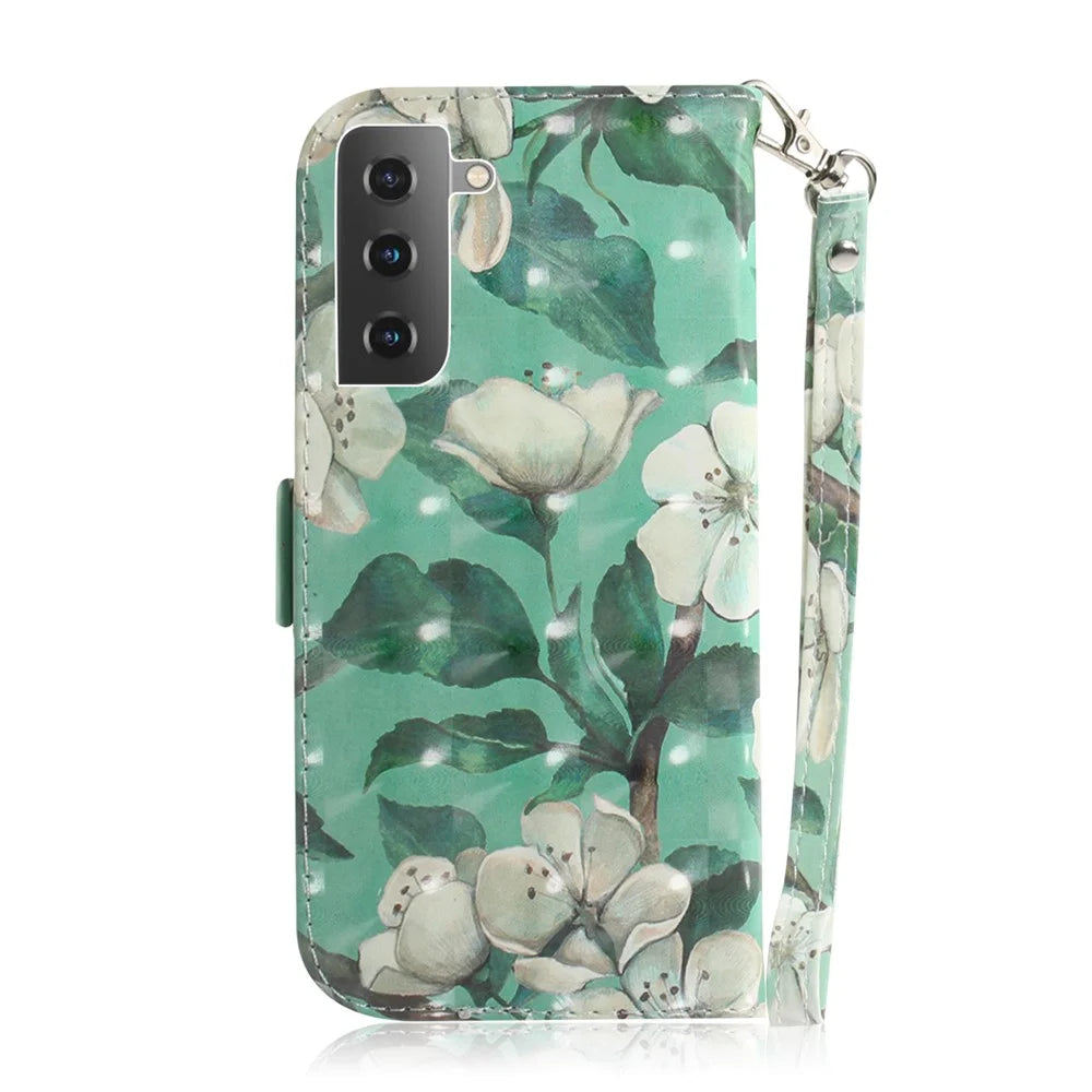 Light Spot Decor Pattern Printing Wallet Stand Leather Phone Casing with Strap for Samsung Galaxy S21 5G/S21 4G - Vivid Flower - 3