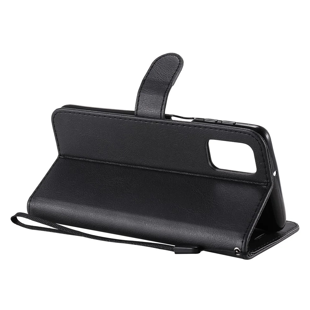 For Samsung Galaxy M31s Case Solid Color Leather Mobile Cover Wallet Stand with Strap - Black - 5