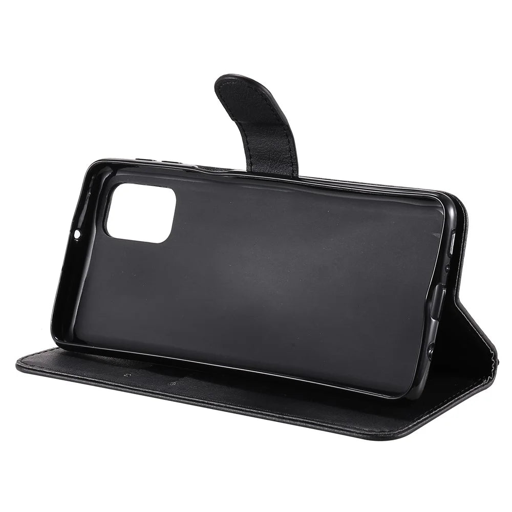 For Samsung Galaxy M31s Case Solid Color Leather Mobile Cover Wallet Stand with Strap - Black - 6