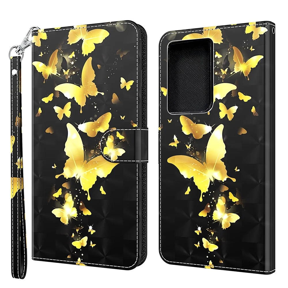 Pattern Printing Light Spot Decor Wallet Stand Leather Phone Casing with Strap for Samsung Galaxy S21 Ultra 5G - Gold Butterfly - 1