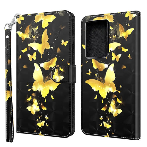 Pattern Printing Light Spot Decor Wallet Stand Leather Phone Casing with Strap for Samsung Galaxy S21 Ultra 5G - Gold Butterfly - 1