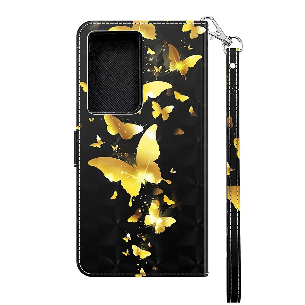 Pattern Printing Light Spot Decor Wallet Stand Leather Phone Casing with Strap for Samsung Galaxy S21 Ultra 5G - Gold Butterfly - 3